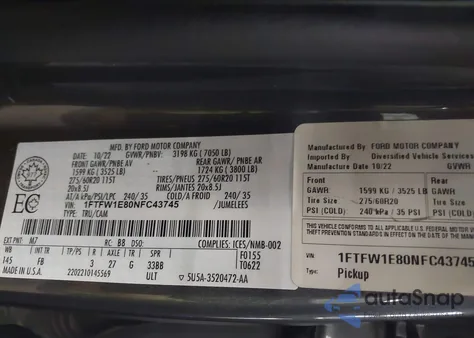 2022 Ford F-150 Xlt z USA, uszkodzony, nr VIN 1FTFW1E80NFC43745